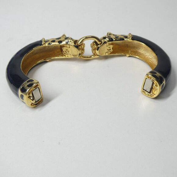 Double Leopard Head Bracelet KJL Kenneth Lane Black Gold Rhinestone Bangle Vtg - Picture 7 of 8